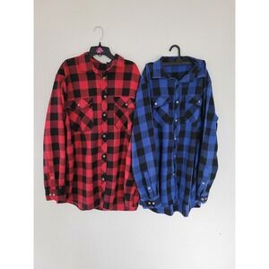 Men's XL Tall Plaid Flannel Shirts Long Sleeve Button Up Red Blue Workwear #19